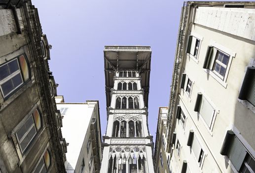 Santa Justa elevator in Lisbon, detail of an old historic elevator, tourist monument, Portugal
