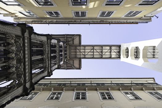 Santa Justa elevator in Lisbon, detail of an old historic elevator, tourist monument, Portugal