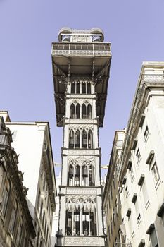 Santa Justa elevator in Lisbon, detail of an old historic elevator, tourist monument, Portugal
