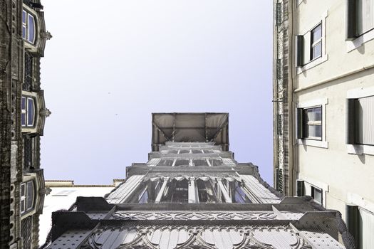 Santa Justa elevator in Lisbon, detail of an old historic elevator, tourist monument, Portugal