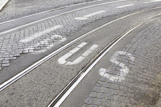 Bus signal roads in a detail of a road sign on a street in Lisbon, a tram ride