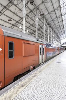 Old train station in Lisbon, detail of a station for trains, public transport station of Rossio