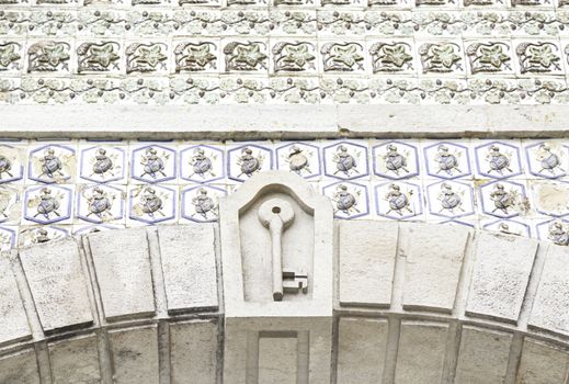 Wall tiles with typical old Lisbon, detail of traditional decoration of Portugal, ceramic art, Pena palace