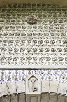 Wall tiles with typical old Lisbon, detail of traditional decoration of Portugal, ceramic art, Pena palace