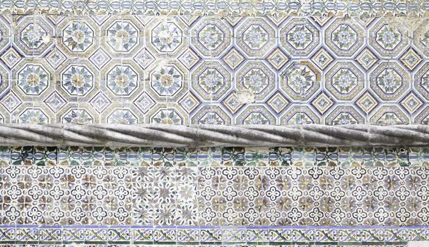 Wall tiles with typical old Lisbon, detail of traditional decoration of Portugal, ceramic art