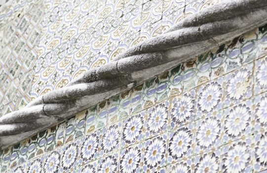 Wall tiles with typical old Lisbon, detail of traditional decoration of Portugal, ceramic art