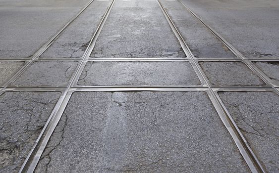 Tram tracks in the city, a detail of public transport in the city of Lisbon, former public transport