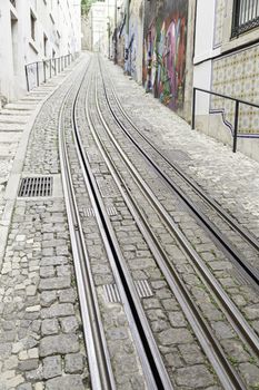 Tram tracks in the city, a detail of public transport in the city of Lisbon, former public transport