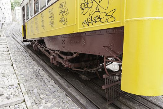 Old Lisbon tram, detail from old public transport, art and tourism monument, Portugal