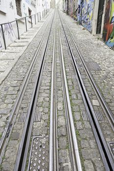 Tram tracks in the city, a detail of public transport in the city of Lisbon, former public transport