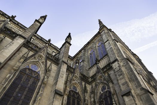 Facade of Gothic church, detail of a historical landmark in the city, art and religion
