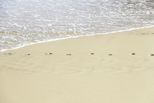 Footprint in the sand on the beach, detail signal marked in the sand, sea sand