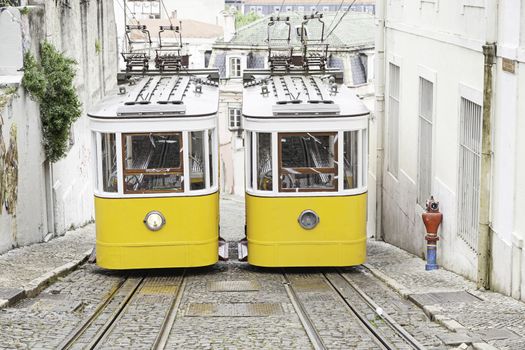 Old trams in Lisbon, detail of an old city transport, ancient art, tourism in the city