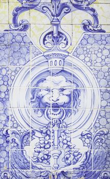 Wall tiles with typical old Lisbon, detail of traditional decoration of Portugal, ceramic art