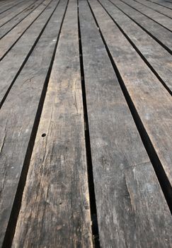 Old vintage rustic aged antique wooden planks floor surface with gaps, diminishing perspective, high angle view