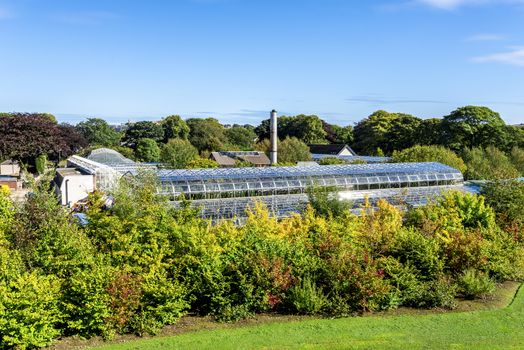 A view of David Welch Winter Gardens from top of the Mound (artificial hill) in Duthie Park, Aberdeen, Scotland