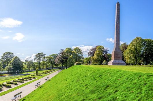 Panoramic view of Duthie park alley with river Dee and McGrigor obelisk, Aberdeen, Scotland