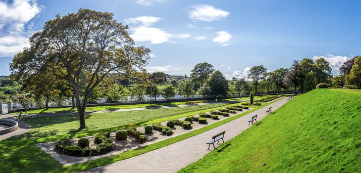 Panoramic view of Duthie park alley with river Dee and McGrigor obelisk, Aberdeen, Scotland