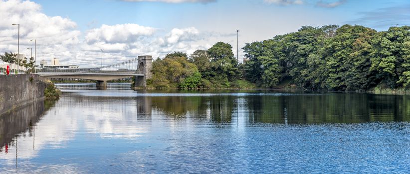 Wellington suspension bridge crossing river Dee near Aberdeen city centre, north-east Scotland