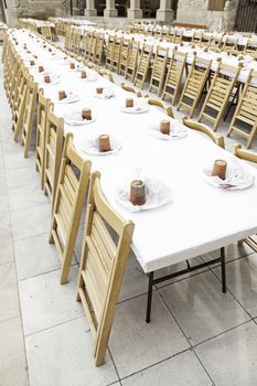 Large dining table, detail of a table at a popular food in town, lots of it