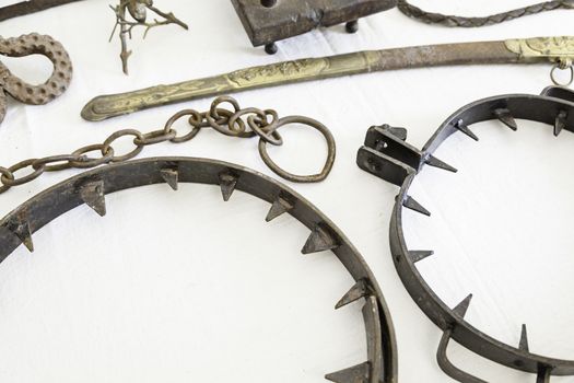 Instruments of torture from the Inquisition, detail of objects to torture, pain and physical damage