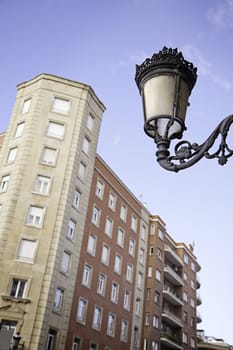 Street with city building, lamppost detail background old building, decoration in the city