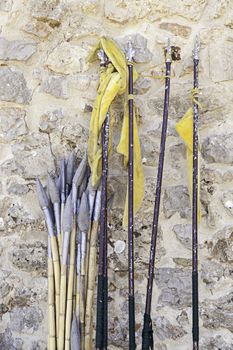 Ancient medieval spears, detail of a weapon of destruction and war, death and grief