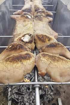 Roasted pork on the grill, cooking detail as a pig and its meat, fat rich food, healthy food