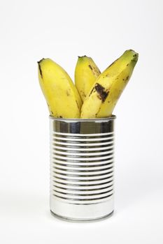 Bananas canned fruit detail in a can, healthy food, diet