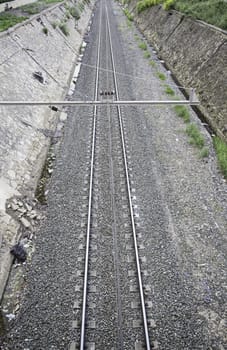 Train Rail, detail of an old train route in the city, transportation background with detail