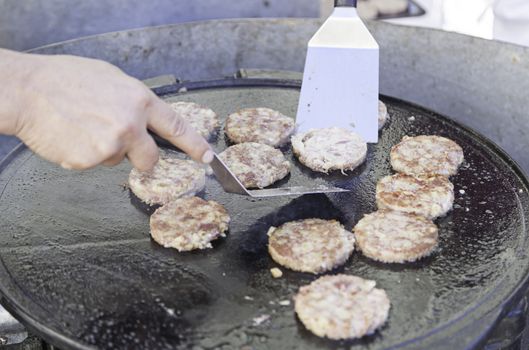 Grilled Burgers iron, detail beef cooked on the grill, American food