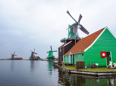 Historic windmills at Zaanse Schans ,neighborhood in the Dutch town of Zaandam, near Amsterdam,  The Netherlands.