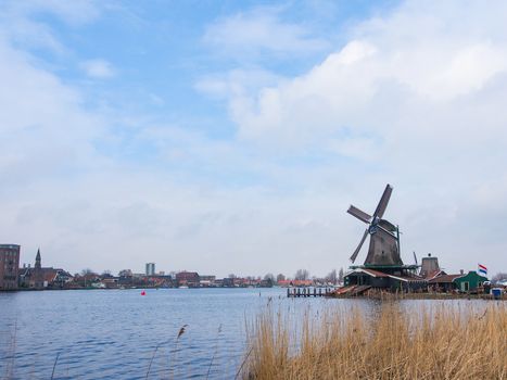 Historic windmills at Zaanse Schans ,neighborhood in the Dutch town of Zaandam, near Amsterdam,  The Netherlands.
