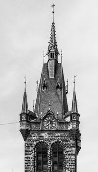 Detailed view of St Henry Tower, Czech: Jindrisska Vez. The highest belfry in Prague, Czech Republic. Black and white image.