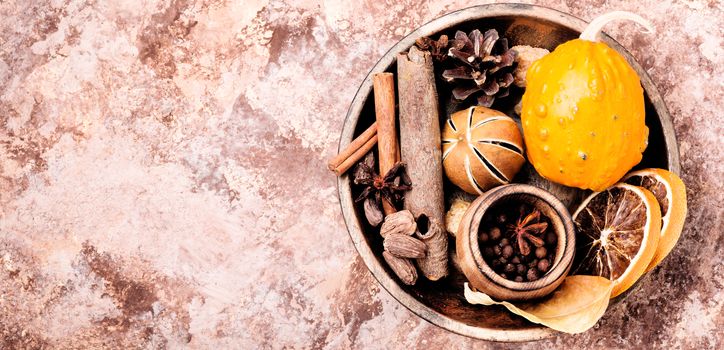 Spices and ingredients for winter and autumn drink mulled wine.Long banner