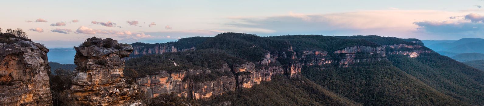 Chilly winds up at Boars Head Rock as the sun sets with snow predictions in the highlands for the following day.  Six image stitch panorama with a fast shutter to try and freeze the trees in the strong winds.