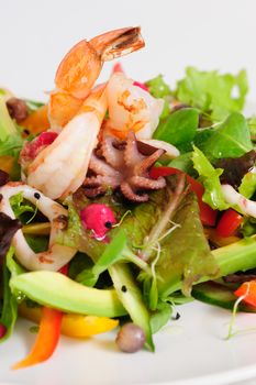 Seafood salad with fresh vegetables and herbs