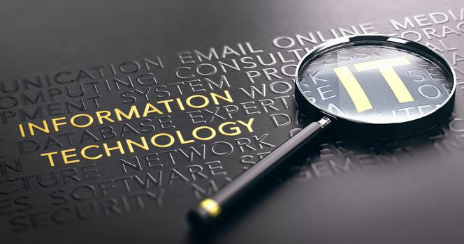 3D illustration of a magnifying glass over black background and focus on golden IT acronym. Information Technology concept.