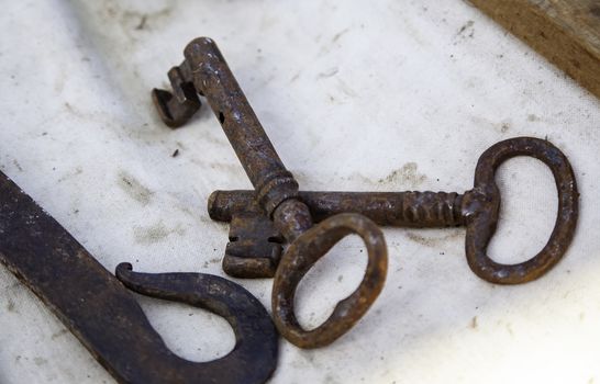 Old rusty keys, security detail and lock