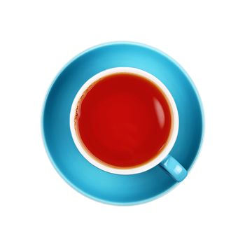 Full cup of black tea on blue saucer isolated on white background, close up, elevated top view, directly above