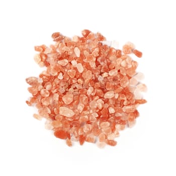 Close up one portion, heap of large crystals pink Himalayan salt isolated on white background, elevated top view, directly above