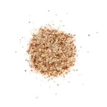 Close up one portion, heap of crystals brown smoked Danish salt isolated on white background, elevated top view, directly above