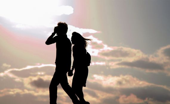 Couple walking with silhouette in Tokyo, Japan