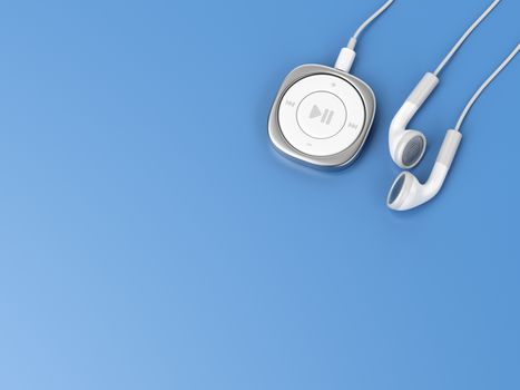 Portable music player and wired earphones on blue background, top view