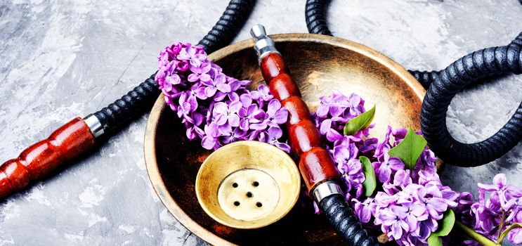 Smoke hookah with lilac floral .Shisha concept.Hookah concept