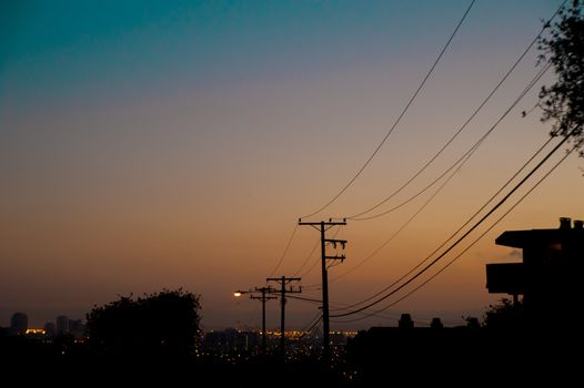 Sunset of Los Angels, America. In California, there is still oil resources from the underground of United States.