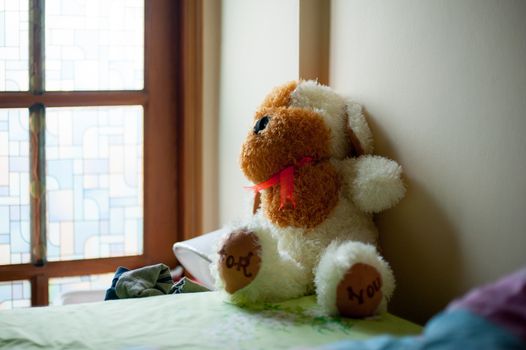 Stuffy animal of dog is on the bed. This doll is a present from your lovable person.