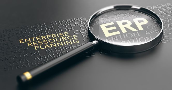 3D illustration of a magnifying glass over black background and focus on the golden acronym ERP. Enterprise Ressource Planning Concept