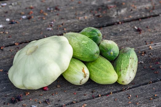 Pattypan squash and few cucumbers harvested from the vegetable garden beds lie on the wooden table