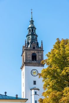 Bell tower at St. Stephen's Cathedral in Litomerice, Czech Republic.